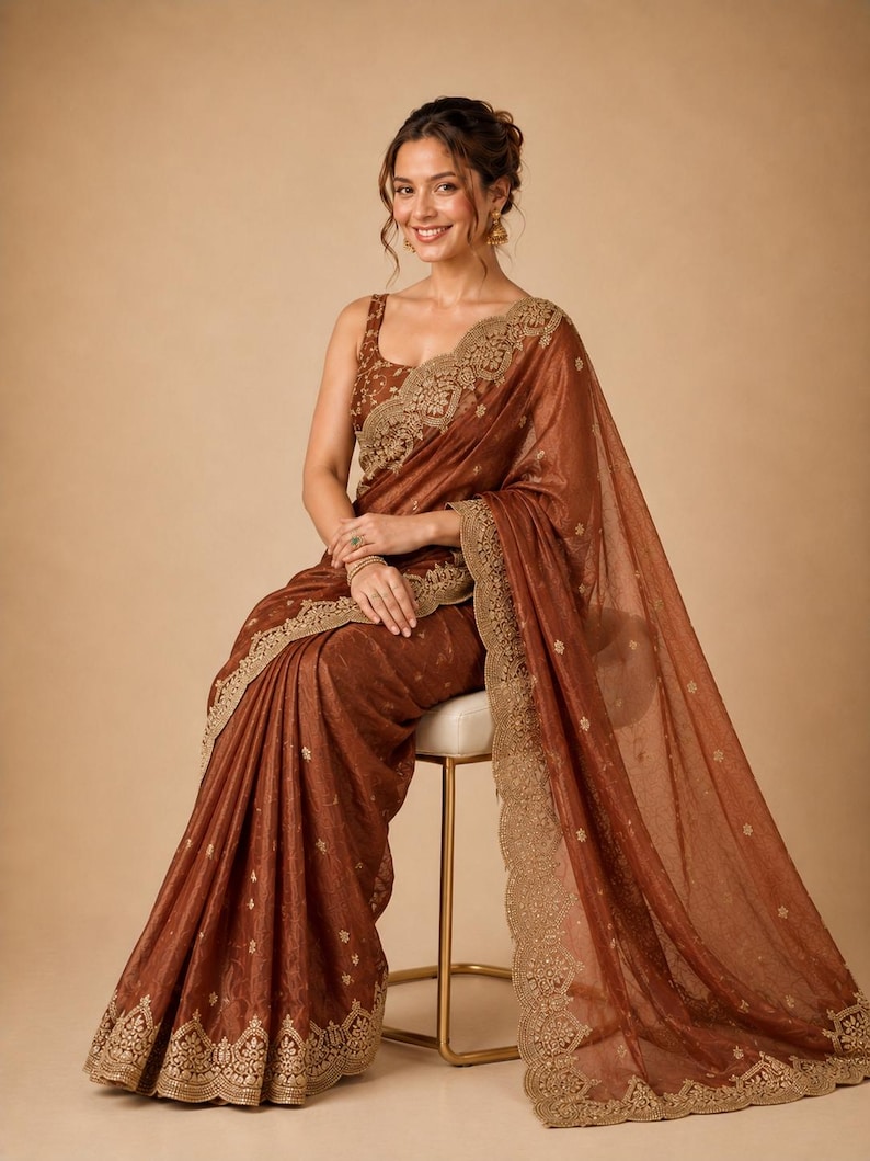 Sitting pose of Women wearing Brown Embroidered Fendy Chiffon Saree for wedding, Party wear Outfit for UK Girls