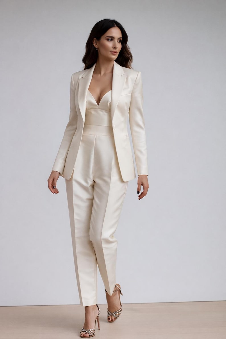 Woman wearing ivory satin pantsuit with blazer and crop top