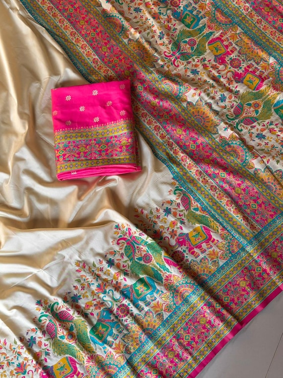 Beige Pashmina Silk Saree For Women, Zari Weaving, Darbari Woven Pallu, Festive Wear Outfit