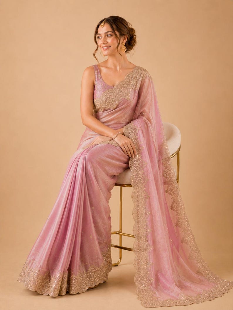 Sitting pose of Women wearing Brown Embroidered Fendy Chiffon Saree for wedding, Party wear Outfit for UK Girls