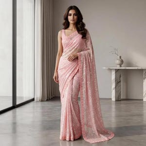 Peach Embroidered Georgette Saree, Festive Sarees, Wedding Guest Outfit