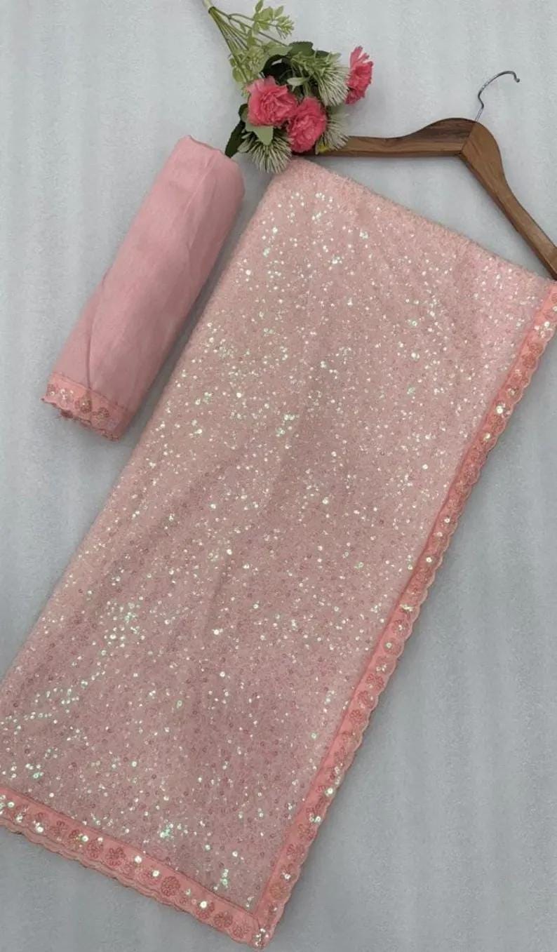 Peach Embroidered Georgette Saree, Festive Sarees, Wedding Guest Outfit
