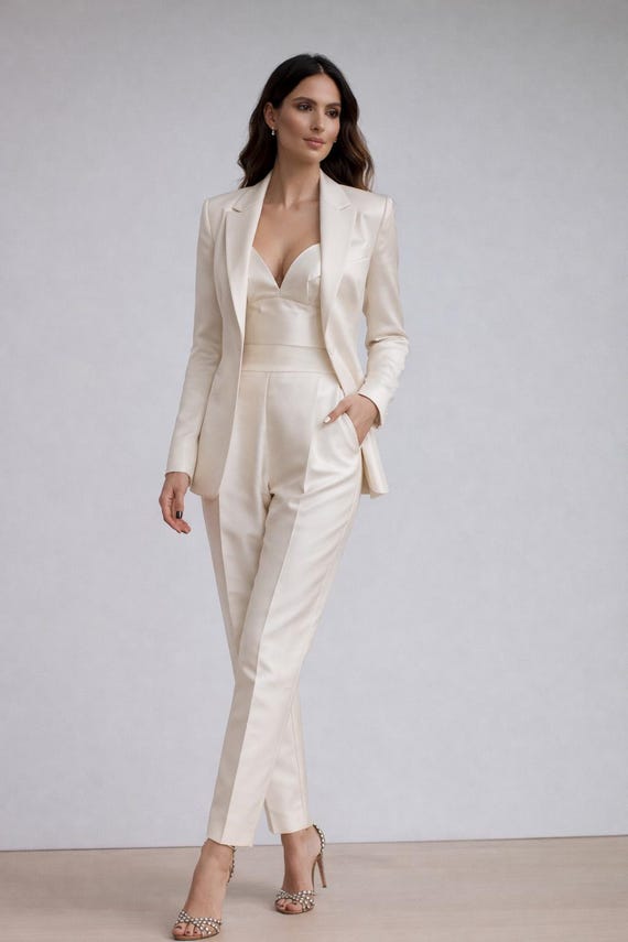 Cream Poly Cotton Blazer Suit, Formal Office Wear, Wedding Guest Outfit, High Waisted Pants