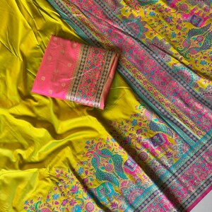 Floor shot of Handmade Lime Pashmina Silk Saree, Zari Weaving, Darbari Woven Pallu, Festive Wear Saree for UK Women