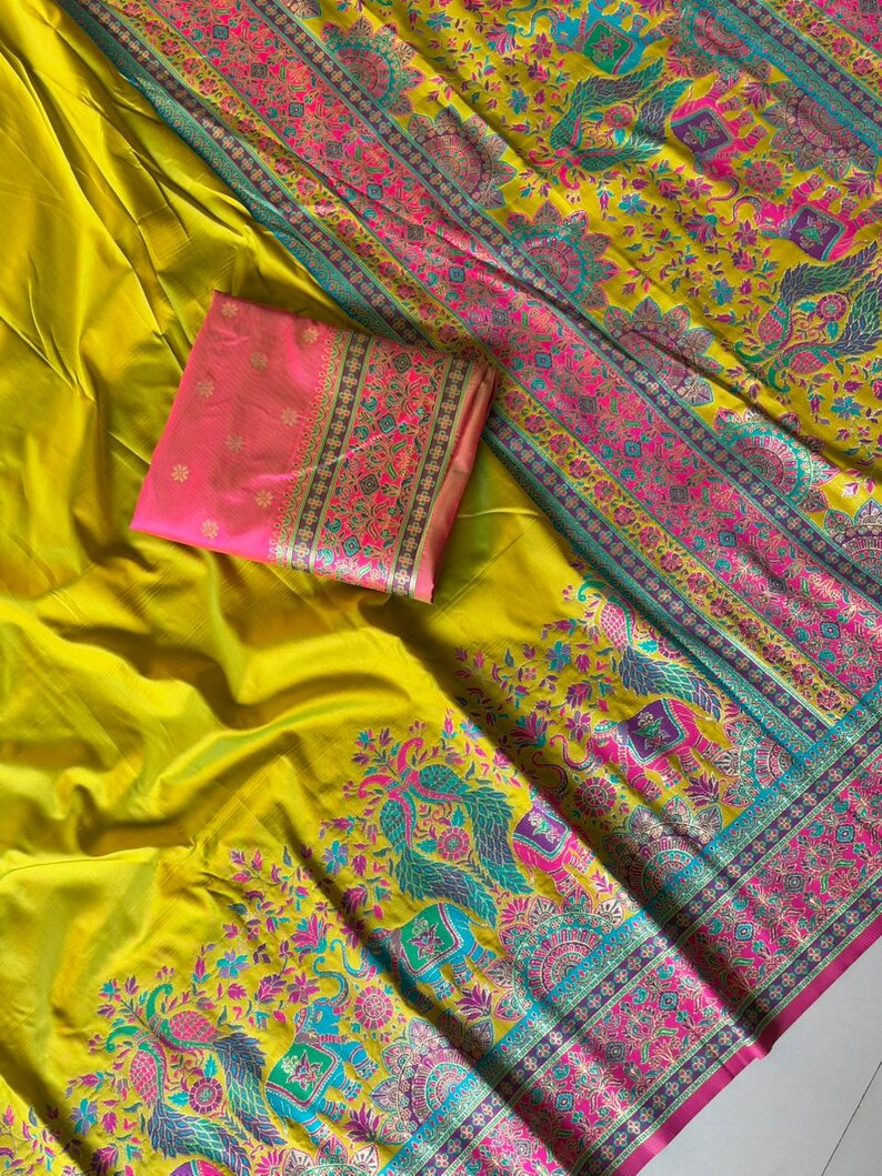 Floor shot of Handmade Lime Pashmina Silk Saree, Zari Weaving, Darbari Woven Pallu, Festive Wear Saree for UK Women