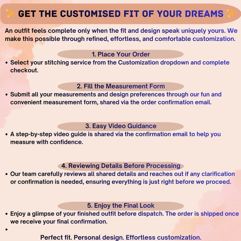 Banner explaining customized outfit process with steps including placing order, submitting measurements, video guidance, review before processing, and final approval, highlighting personalized fit and effortless customization experience.