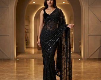 Sari de georgette negro para mujer, atuendo de fiesta, saris bordados con lentejuelas.