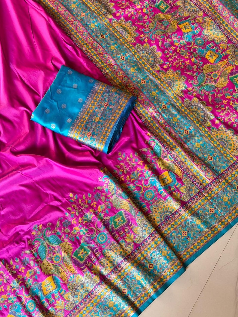 Floor shot of Handmade Pink Pashmina Silk Saree, Zari Weaving, Darbari Woven Pallu, Festive Wear Saree for UK Women