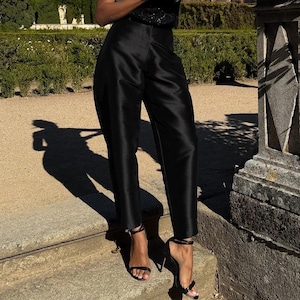 Black Raw Silk Pant for UK Girls, High-Waisted Tailored Trouser, Office Pants for Women