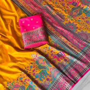 Floor shot of Handmade Yellow Pashmina Silk Saree, Zari Weaving, Darbari Woven Pallu, Festive Wear Saree for UK Women