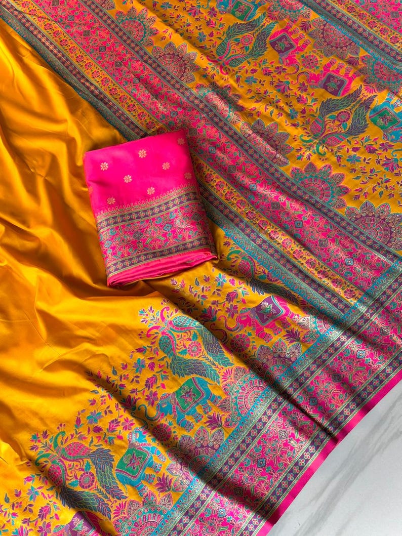 Floor shot of Handmade Yellow Pashmina Silk Saree, Zari Weaving, Darbari Woven Pallu, Festive Wear Saree for UK Women