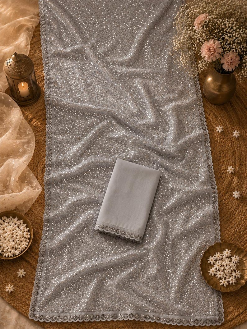 Grey party wear saree with shimmering sequins and graceful silhouette for weddings and festive nights