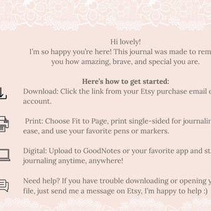 May include: A digital journal guide with text on a light pink background. The text includes instructions on downloading, printing, and using the journal digitally. The guide also includes a message about the journal's purpose and how to get help.