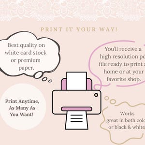 May include: A light pink graphic with the text "PRINT IT YOUR WAY!" and a printer illustration. Text bubbles describe printing on quality paper, receiving a high-resolution PDF, and printing in color or black and white.