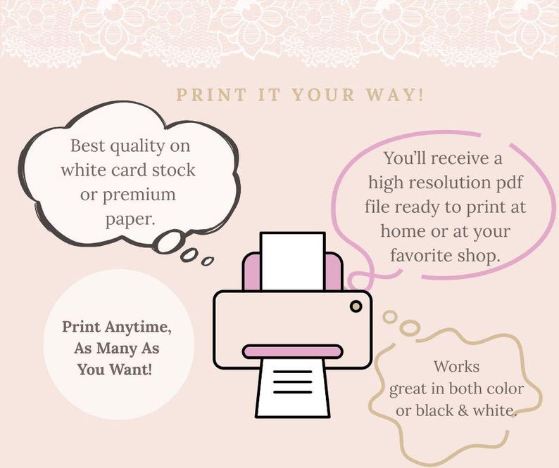 May include: A light pink graphic with the text "PRINT IT YOUR WAY!" and a printer illustration. Text bubbles describe printing on quality paper, receiving a high-resolution PDF, and printing in color or black and white.