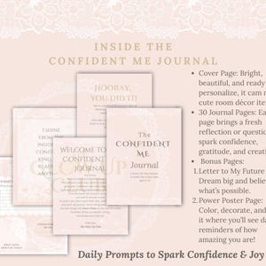 May include: A collection of pink and white journal pages with text, including "The Confident Me Journal" and "Daily Prompts to Spark Confidence & Joy." The pages are arranged on a light pink background with a lace design.