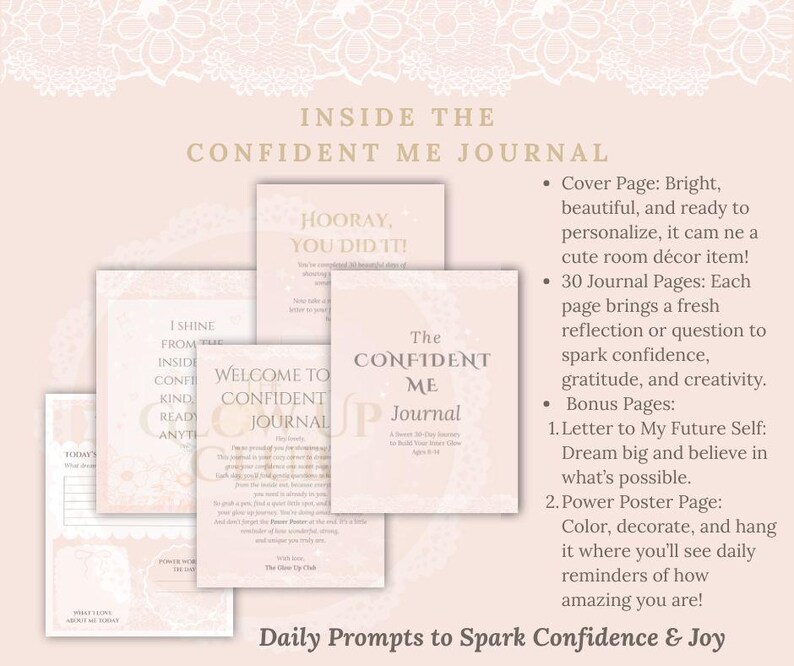 May include: A collection of pink and white journal pages with text, including "The Confident Me Journal" and "Daily Prompts to Spark Confidence & Joy." The pages are arranged on a light pink background with a lace design.