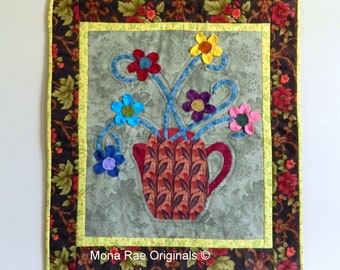 Art Floral Wall Quilt ~ 6 Wool Flowers In Pitcher ~  Hand Appliqued/ Hand Quilted on 26 Inch x 23 Inch Background