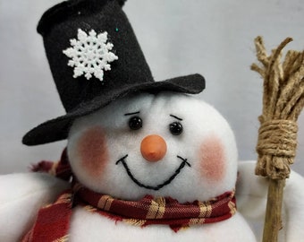 Snowman Doll ~ SnoBall ~ 12 Inches Tall, 7 Inches Wide ~ Handmade Broom and Hat~ Winter/Christmas Decor ~ Country/Farmhouse Decor