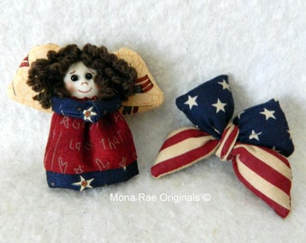 Patriotic Bow and Angel Pins ~ 3" Angel 2" Bow in Red White and Blue ~ Veterans Day, July 4th, Flag Day