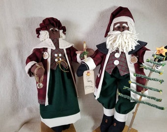 Brown Santa Claus and Mrs. - 26 Inches Tall Brown Standing Santa Claus Christmas Dolls - Handmade Buffalo Plaid Santa - Famhouse Decor