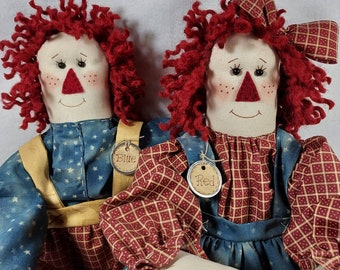 Ragged Dolls ~ Red and Blue Ragged Dolls ~ 22 Inches Tall ~ Farmhouse/Country Decor ~ Handmade Originals