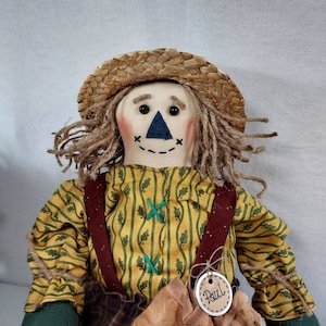 May include: A handmade scarecrow doll with a straw hat, brown hair, and a yellow and green striped shirt. The doll has a stitched-on face with a blue nose and the name "Paul" written on a tag.