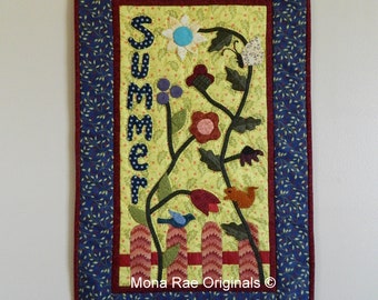 Art Quilt ~ Summer Wall Hanging ~ Hand Quilted, Appliqued 15.5" x 25" Original Home Decor, Wall Decor
