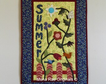 Handmade Summer Art Quilt, Appliqued Floral Wall Hanging, 15.5x25
