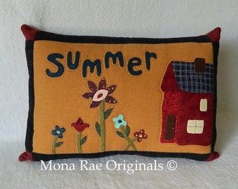 Summer Pillow 15" x 20" - House, Flower Applique, Quilted Original Design