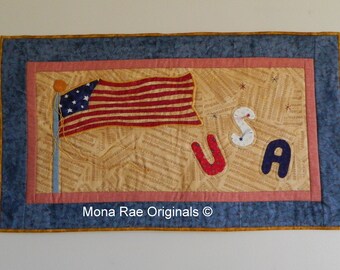 USA Flag Wall Quilt/Table Runner ~ 36 Inch x 20 Inch ~ Farmhouse/Patriotic/Flag Quilt ~ Hand Quilt/ Hand Applique