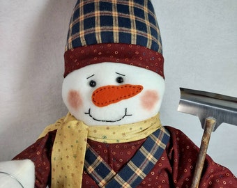 Willy ~ Poseable, Soft Sculptured Snowman Doll ~ 28 Inches Tall Handmade Shovel and For Hire Sign Farmhouse/Country/Winter Decor