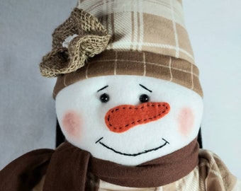 Snowman Doll ~ Clarabelle ~36 Inches Tall Snowgirl ~  Tan and Brown Plaid Clothing ~ Winter Decor/ Farmhouse/Country Decor