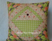 Basket Pillow ~ Thirteen Inch Square Peach and Green Pillow with Hand Quilted Flower ~ OOAK Pillow ~ Mothers Day Gift ~ Birthday Gift