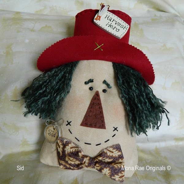 Scarecrow Pillow Doll, Sid ~ 12" Tall, Red Hat, Green Hair ~ Halloween Decor, Country Decor, Farmhouse Decor