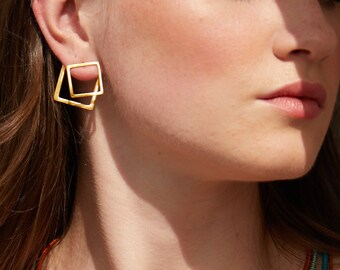 Gold Square Earrings, Geometric minimal earrings, Gold Ear Jackets, Double Sided Earrings, Front Back Earrings, Square minimal earrings