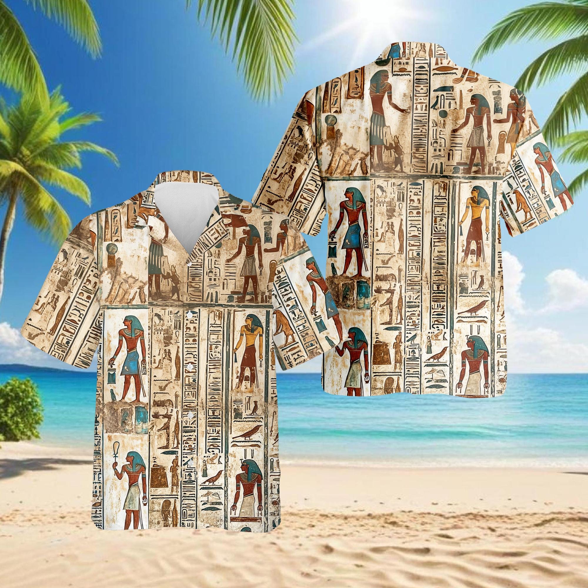 Discover Ancient Egyptian Hawaiian Shirt, Egyptian Hieroglyph Aloha Shirt, Pharaoh Art Unisex Beach Shirt
