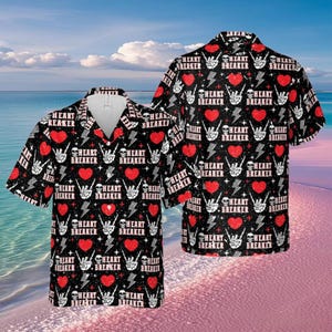 May include: Black button-up shirt with a repeating pattern of red hearts, lightning bolts, and skeleton hand gestures. The words "HEART BREAKER" are also featured. The shirt has a classic collar and short sleeves.