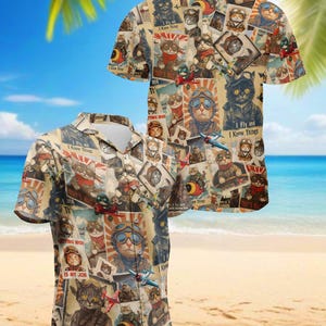 May include: Two short-sleeved shirts with a button-down collar, covered in a collage of cat illustrations in aviator gear. The design includes cats wearing goggles, planes, and text that reads "I Fly and I Know Things" and "Getting High Is My Job."
