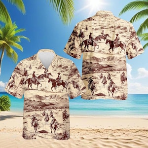 Cowboy Horse Riding Vintage Hawaiian Shirt, Western Aloha Shirt, Country Rodeo Beach Shirt, Men Summer Casual Outfit