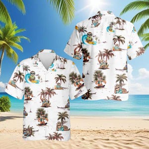 May include: White short-sleeve Hawaiian shirt featuring a repeating pattern of sloths engaged in various beach activities, including surfing and skateboarding. Palm trees and ocean waves are also part of the design. The shirt has a classic collar and button-down front.