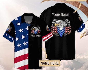 Camisa hawaiana American Eagle personalizada, camisa Aloha con bandera de EE. UU. y nombre personalizado, camisa patriótica con botones para el 4 de julio.