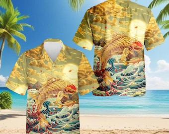 Camisa hawaiana con estampado de pez koi japonés, unisex, con arte japonés, para vacaciones en la playa, tallas S-5XL