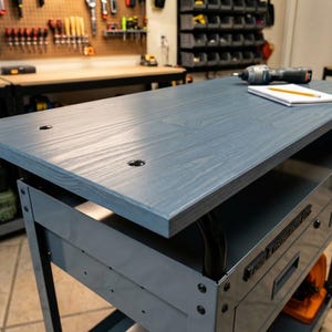 May include: A gray wooden workbench top with a visible grain pattern, featuring four black circular fasteners. The workbench has a gray metal frame with a drawer, a black handle, and a black metal support structure underneath the top surface.