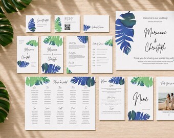 Paquete completo: Paquete de boda tropical azul, plantillas de Canva de hojas de plátano, paquete de destino