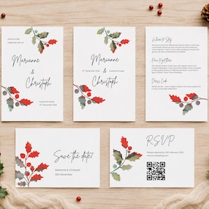 Essentials Pack: Holly Winter Wedding Suite, Christmas Canva Templates, Festive Stationery