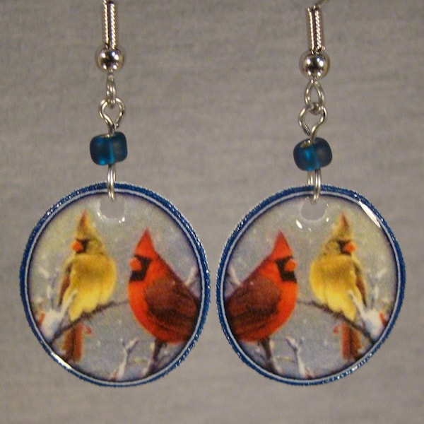 Cardinal Mates Dangle Earrings - Woodland Jewelry - Red and Blue wildlife accessories