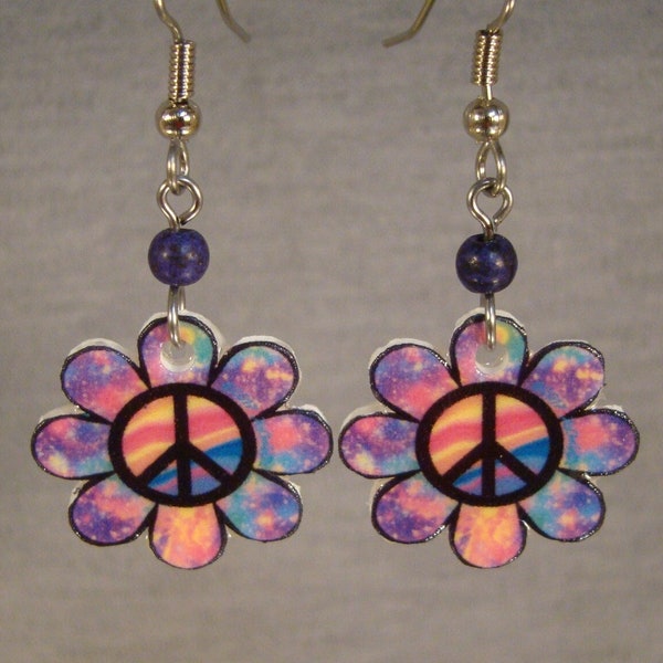 Peace Sign Flower Dangle Earrings - Purple Symbol Jewelry - Hippie costume accessories - Floral peace sign