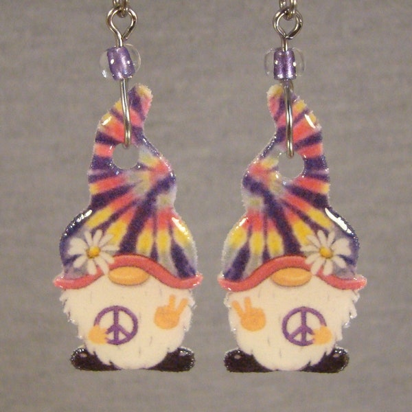 Tie Dye Gnome Dangle Earrings - I love Gnomes Gift shop jewelry - Lightweight Hippie Daisy accessories