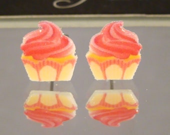 Cupcake Stud Earrings - Pink Bakery Food Jewelry - dessert novelty gift shop accessories - Strawberry Frosted Cup Cakes